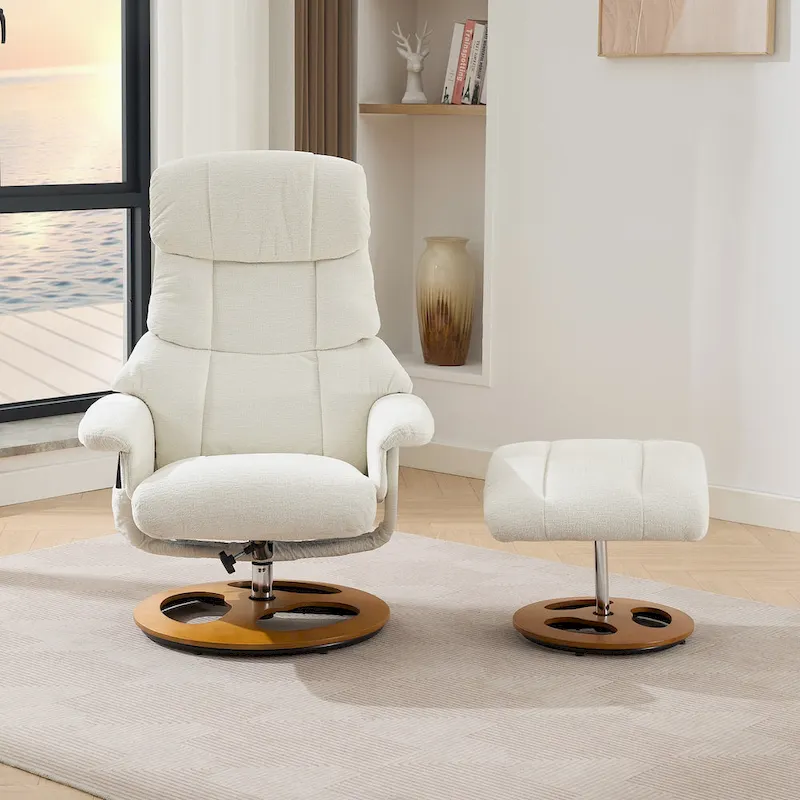 Heated Massage Armchair Chenille Fabric Seating Swivel Recliner Chair with Ottoman, Adjustable Backrest and Remote