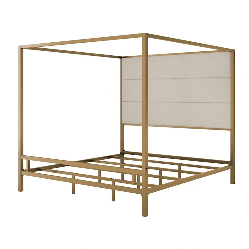 Sleek Modern Metal Canopy Bed with Tall Linen Upholstered Headboard