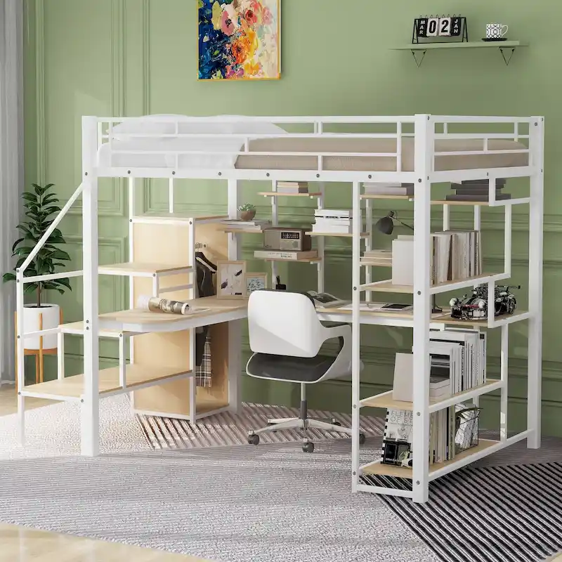 White Full Size Metal Loft Bed with Storage Staircase, Small Wardrobe, and Desk