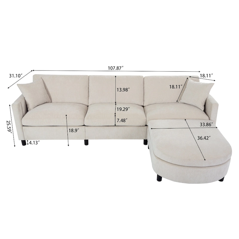 Beige 107.87  Spacious 4-Seater Sofa with Movable Ottoman
