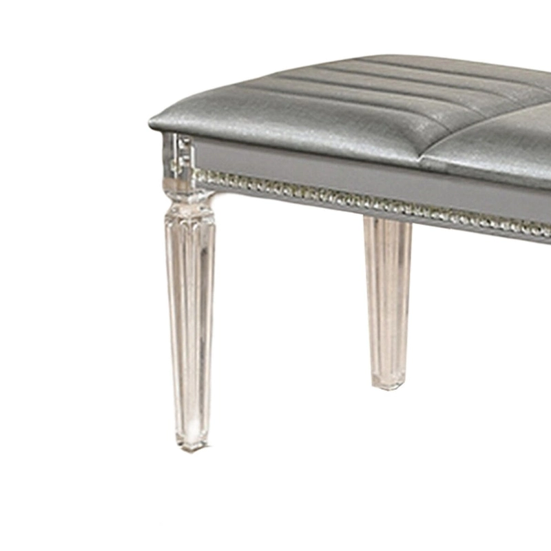 Sam 54 Inch Modern Upholstered Bench, Clear Acrylic Legs, Crystal Accents