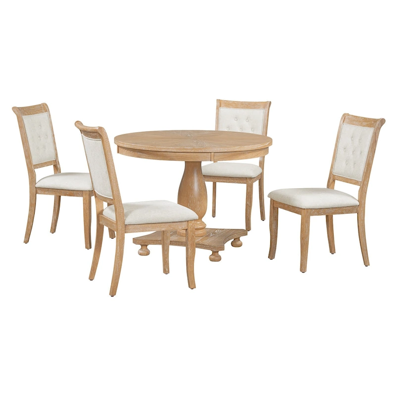 5 Piece Dining Table Set, Solid Wood Kitchen Dining Room Table Set with Round Dining Table and 4 Upholstered Chairs