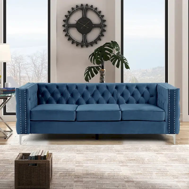 Dutch Velvet Button-Tufted Sofa, Blue/Grey/Beige, Nailhead Trim, Iron Legs, Seats 3