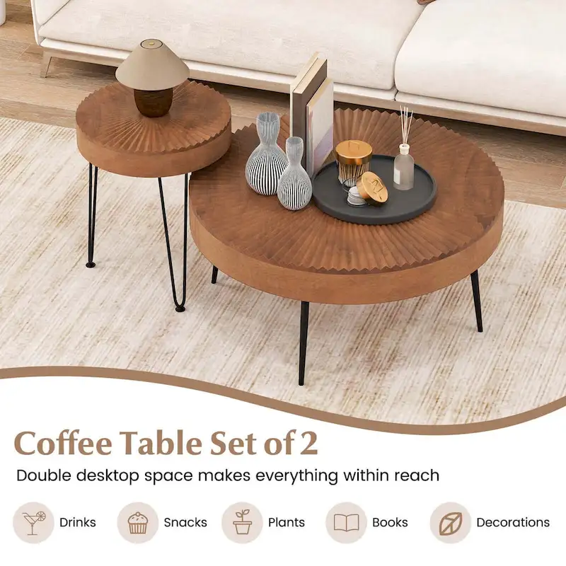 Farmhouse Round Coffee Table End Table Natural Finish