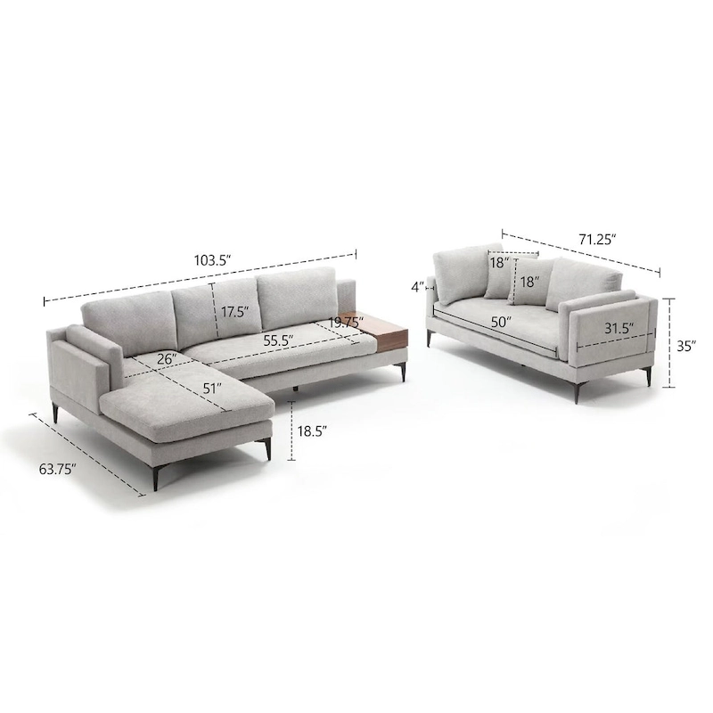 Modular U-shaped Linen Reversible Sofa with a Wooden Side Table Box and Reversible Design