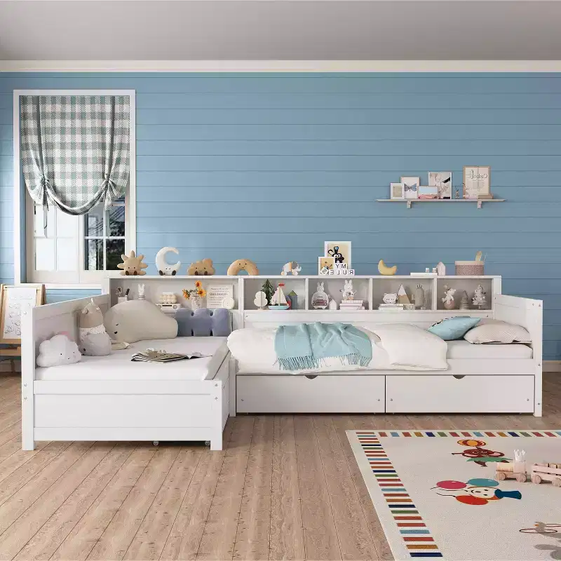 Twin Size Bed for 2 L-shape Bed Frame with Storage 3 Drawers Wooden Corner Bed with Bookshelf for Bedroom White