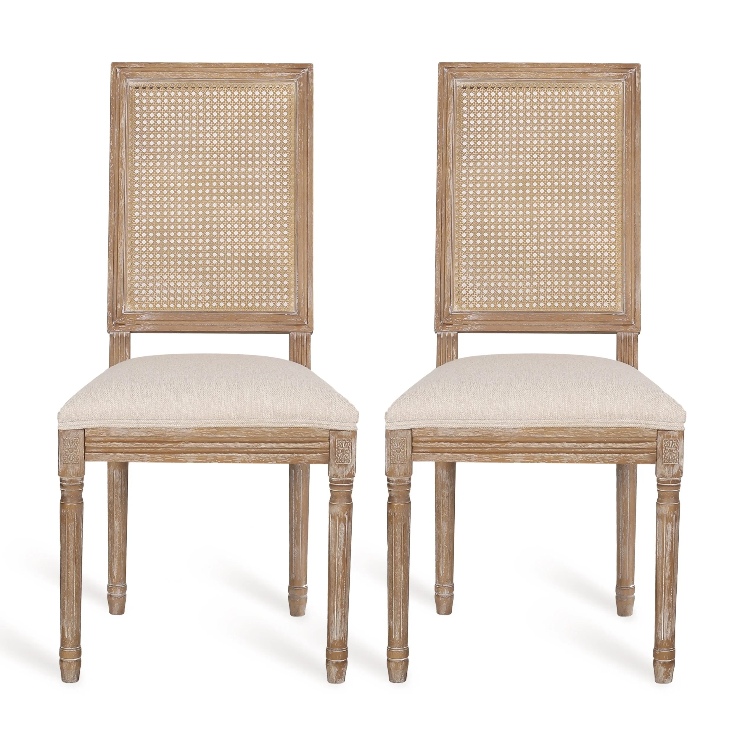 French Country Wood and Cane Upholstered Dining Chair, Set of 2 - NH784513