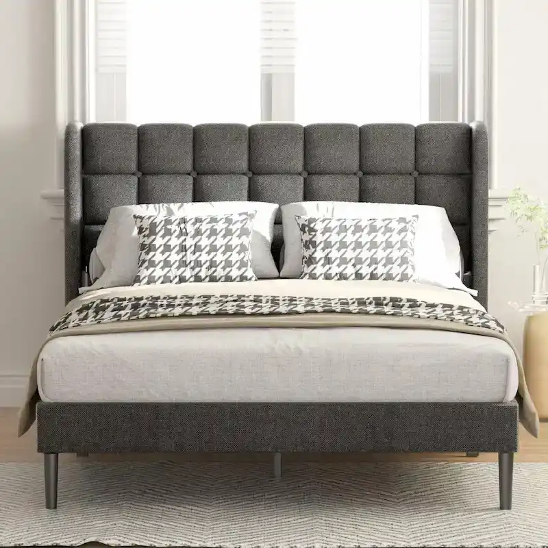 Upholstered Wingback Bed Frame with Wooden Slats
