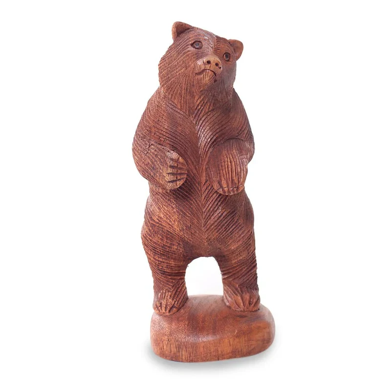 Handcrafted Suar Wood 'Inquisitive Brown Bear' Statuette (Indonesia) - 7.75  H x 3  W x 3  D