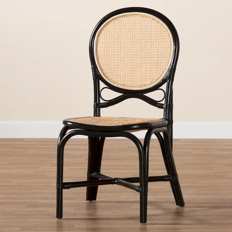 Mid-Century Modern Two-Tone Black and Natural Brown Rattan Dining Chair