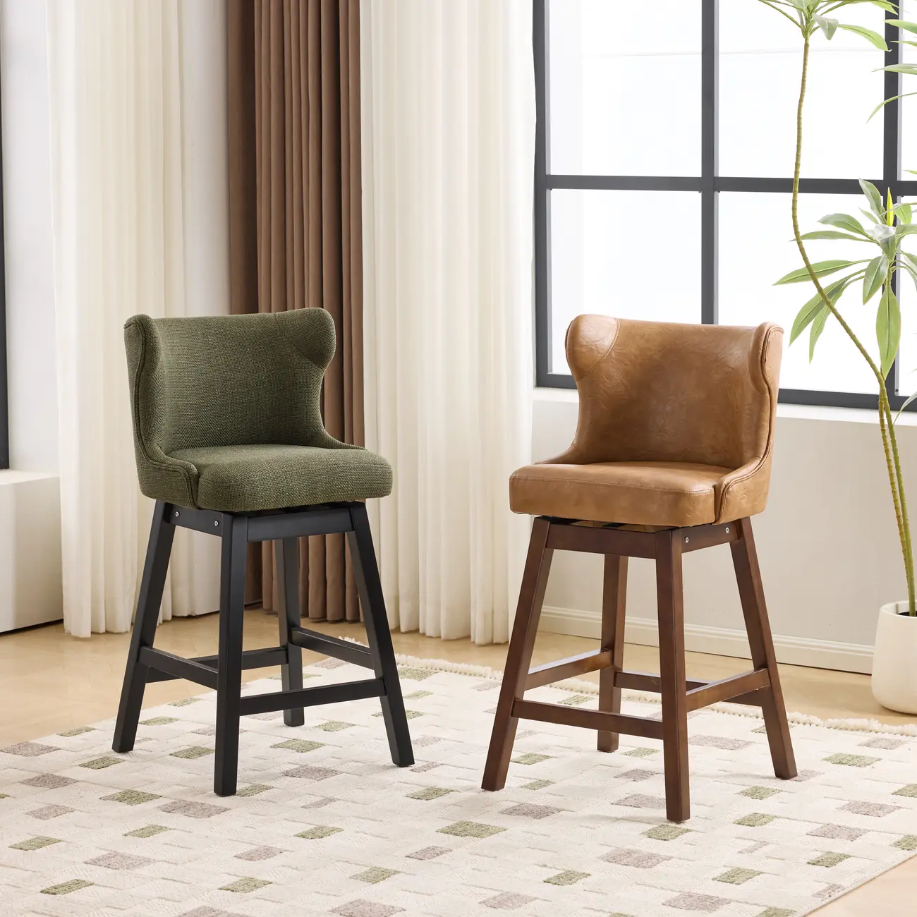 Set Of 2 Bar Height Mid-century Modern Upholstered Bar Stools