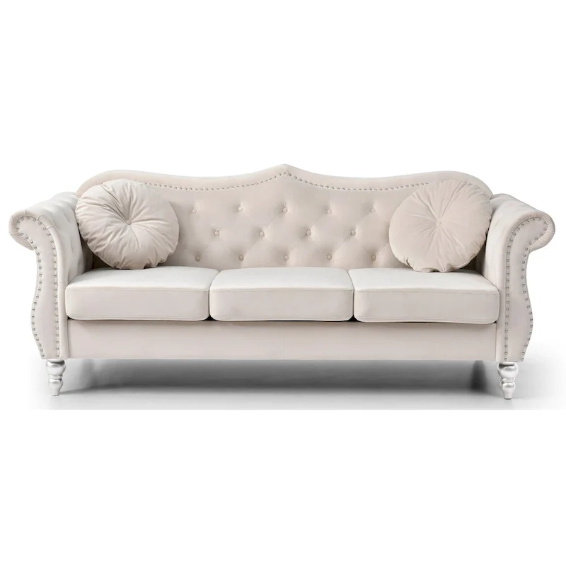 Hollywood 82 in. Velvet Chesterfield 3-Seater Sofa with 2-Throw Pillow - 82L x 35W x 34H