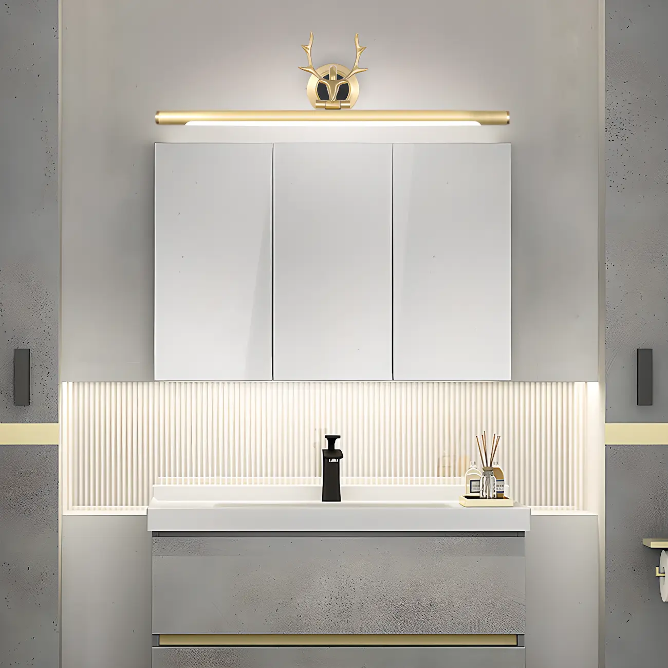 Modern Linear Gold Bathroom Vanity Light with Antler Design