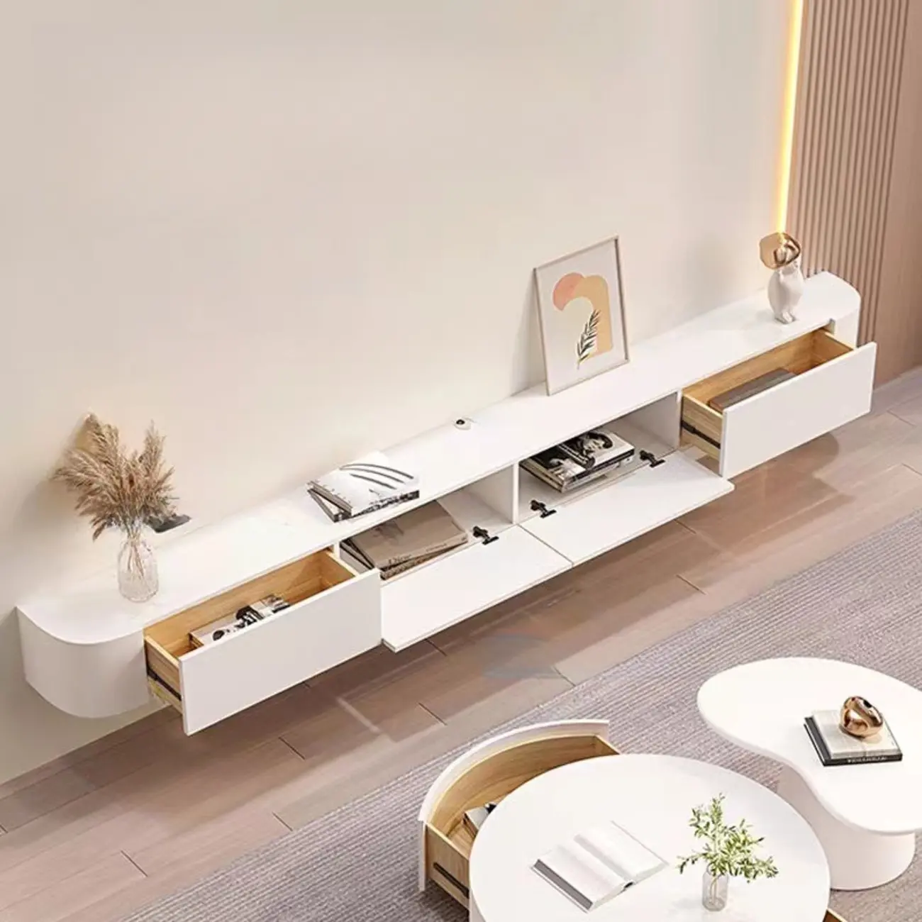 55 White Rubberwood Floating TV Stand with Cable Management