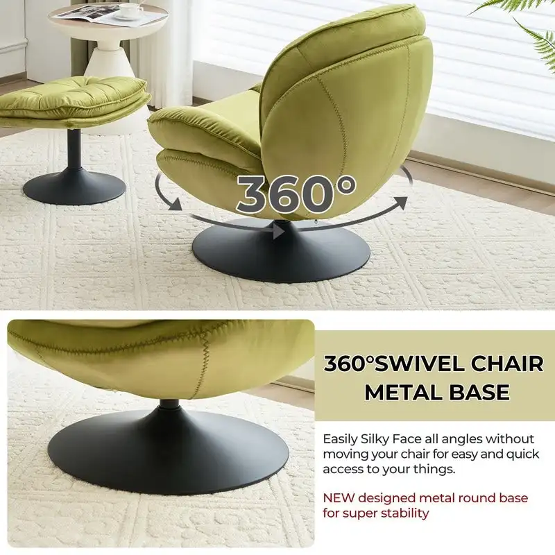 Velvet Swivel Accent Chair with Ottoman Round Reading Accent Chair Foot Stool Ottoman Set,360 Swivel,Metal Frame