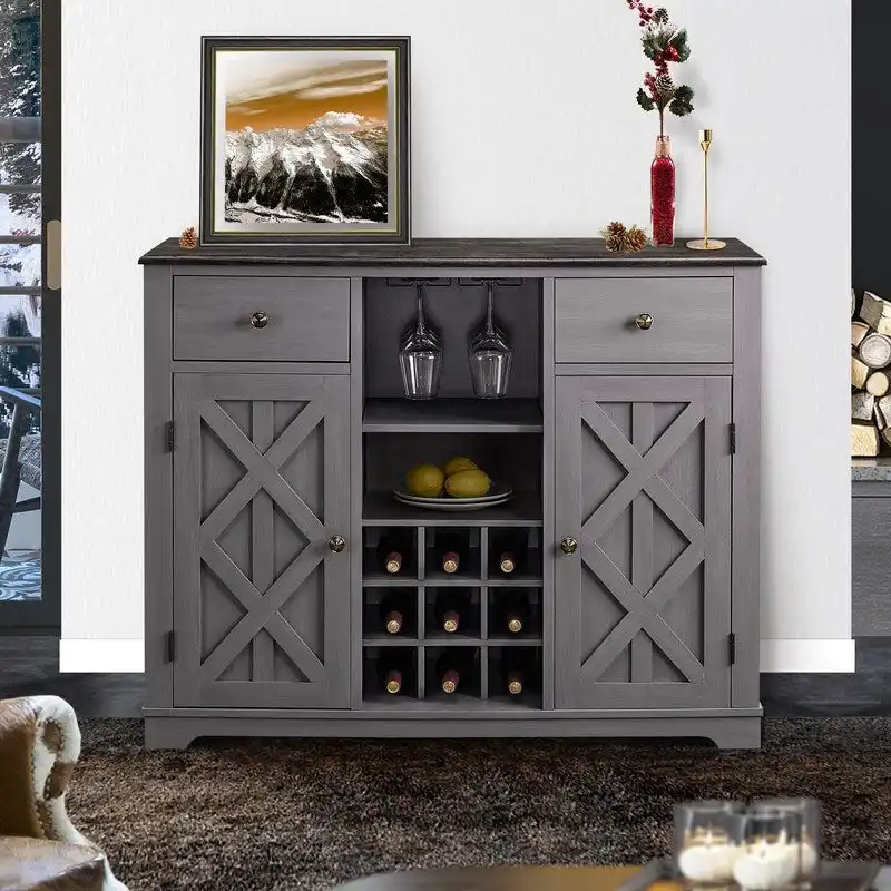 Wine Bar Cabinet with X-Door Design - Brown Wood Storage