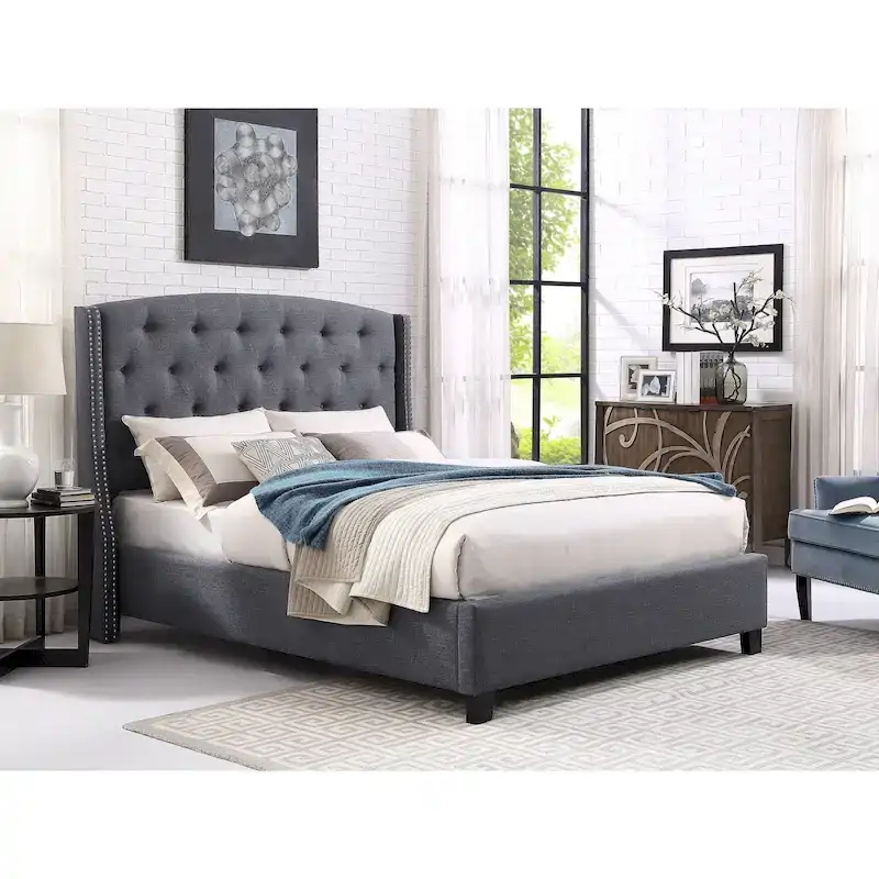 Upholstered Polyester Platform Bed with Button Tufted Wingback
