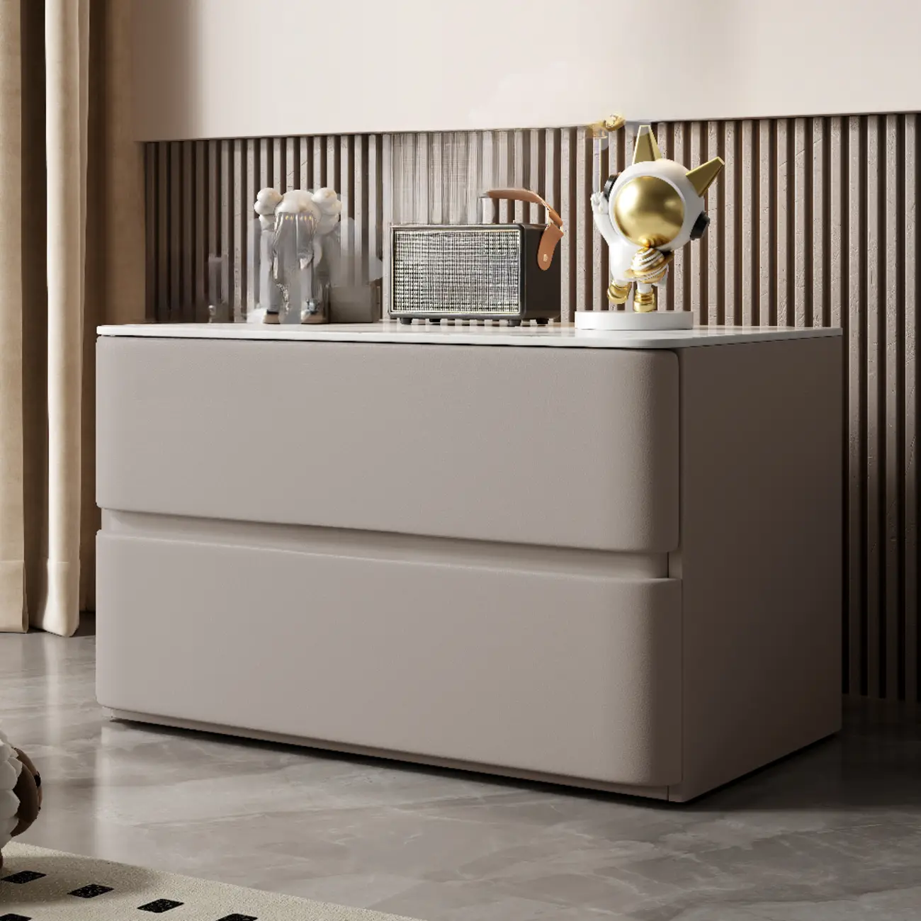 Modern Stone Top Wooden White Bedside Table 2 Drawers