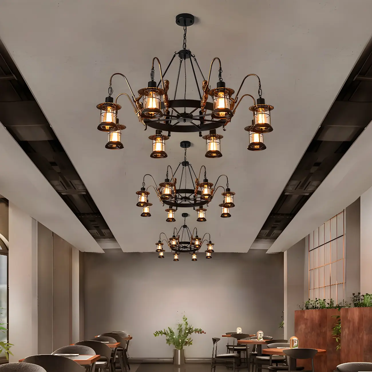 Industrial Black Metal Lantern Wheel Chandelier