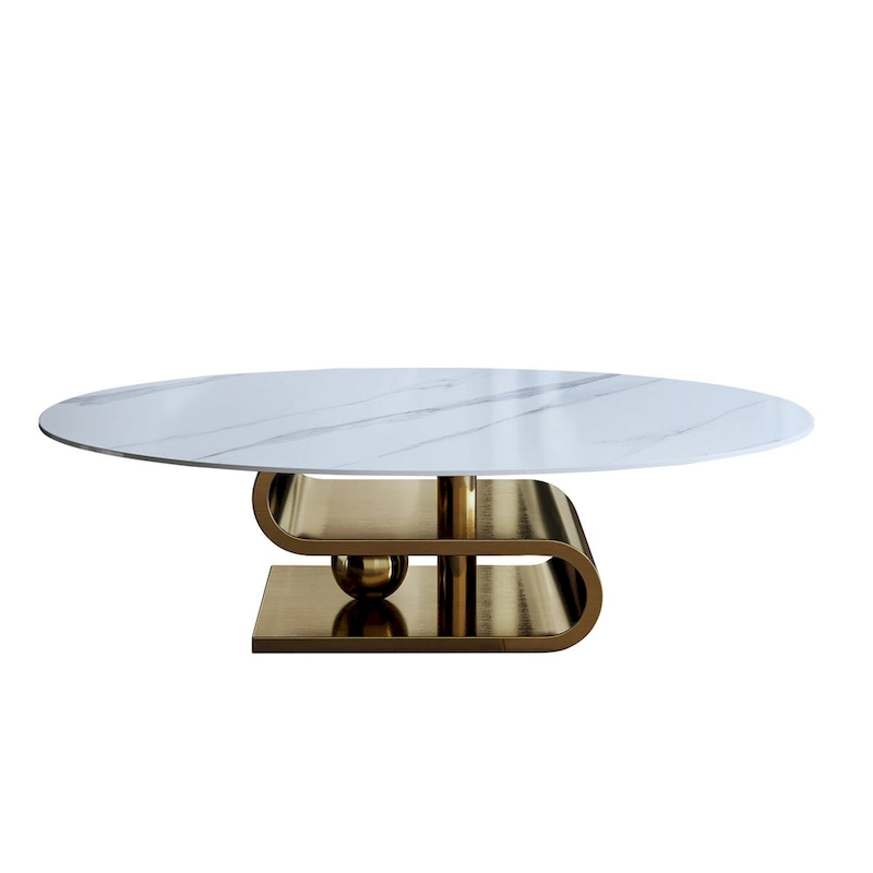 Exquisite Modern Oval Coffee table with white 51L Stone Top and Gold Metal Base