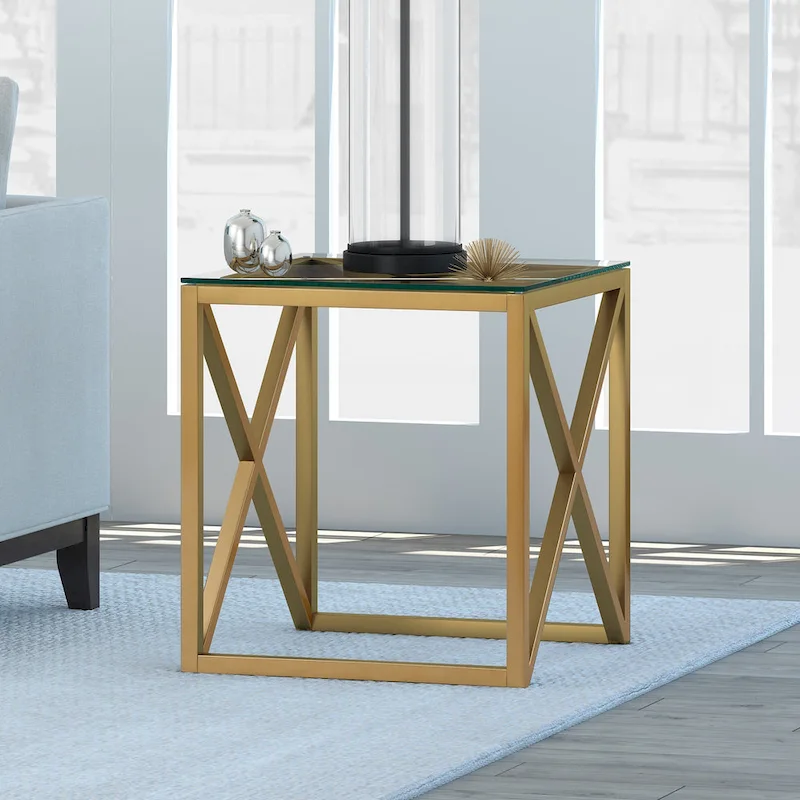 Geometric X-Base Metal & Glass Side Table in Golden Brass Finish