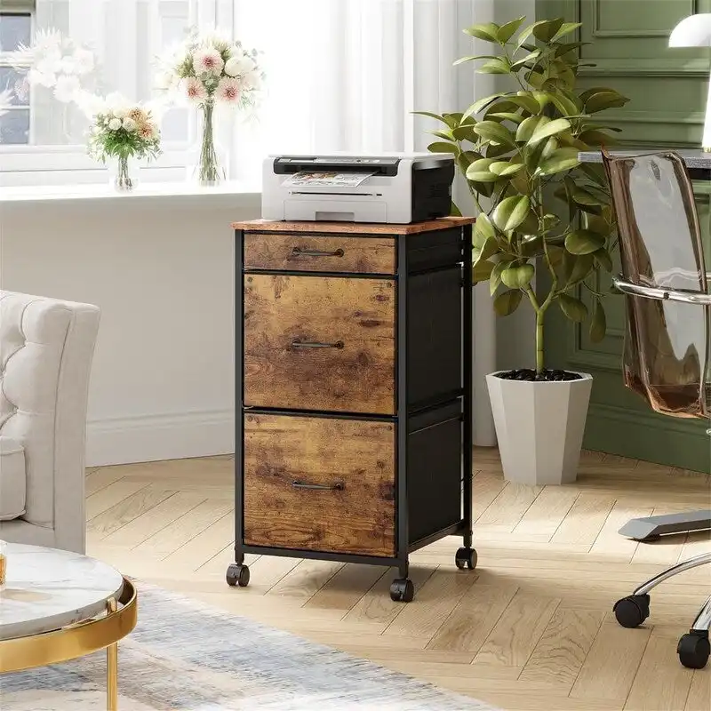 Mobile File Cabinet - 3 Drawers - Wood Top - Steel Frame - Rolling