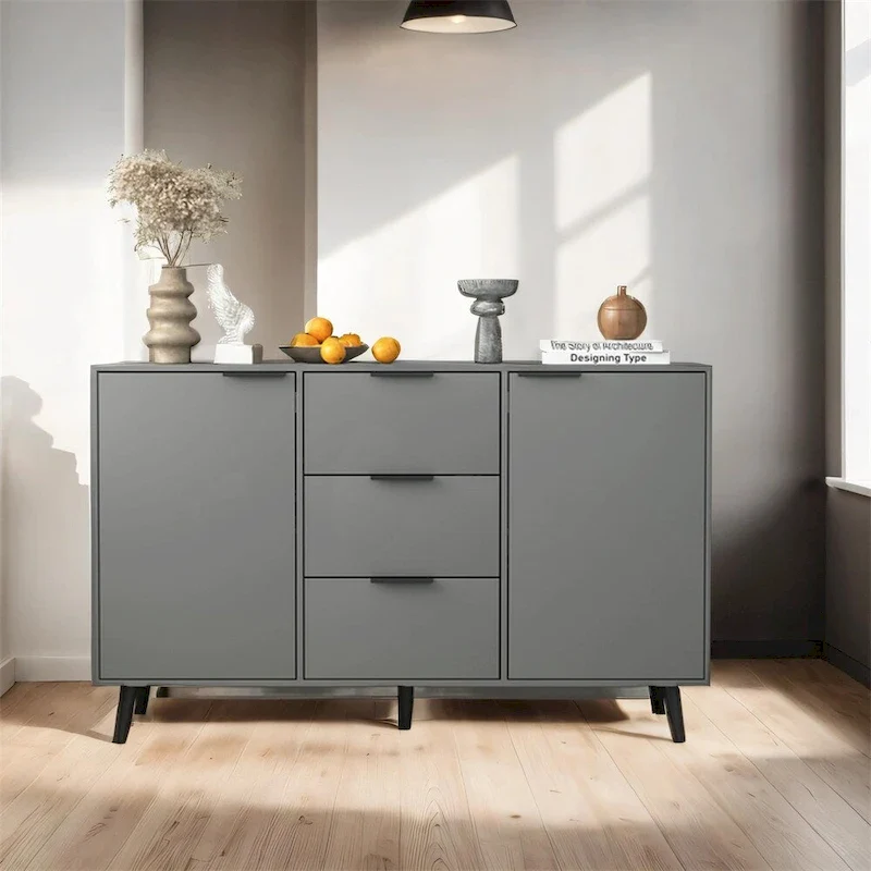 Natural Wood / Gray Sideboard Buffet Cabinet with 3 Drawers & 2 Doors