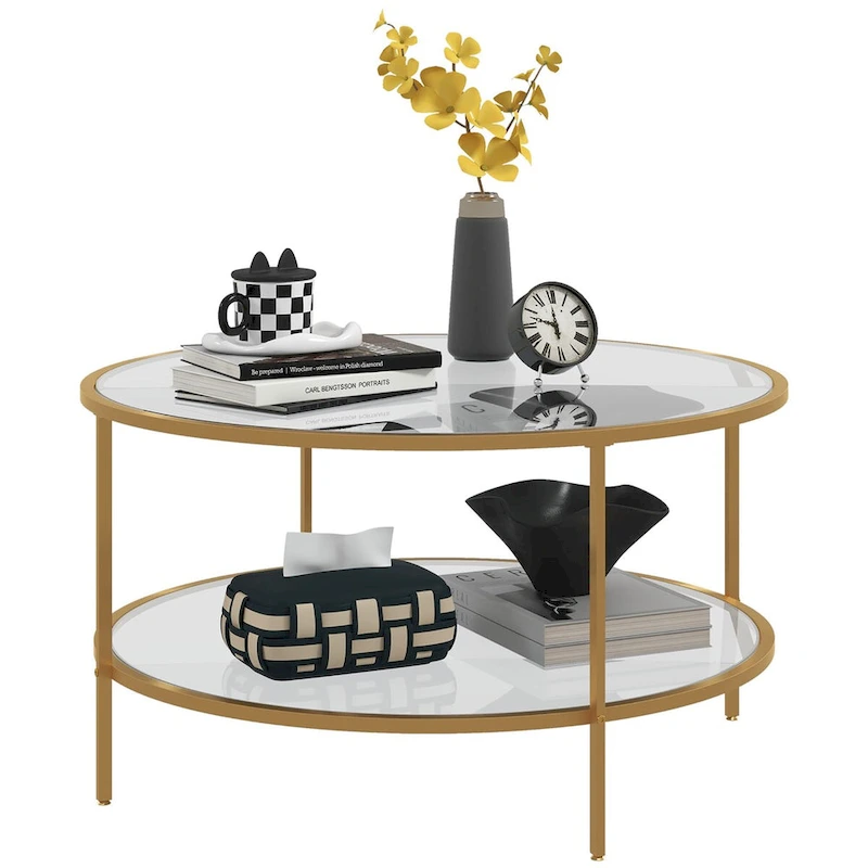 HOMCOM Side Table with Storage, 32 Round End Table, 2-Tier Tempered Glass Coffee Table with Steel Frame