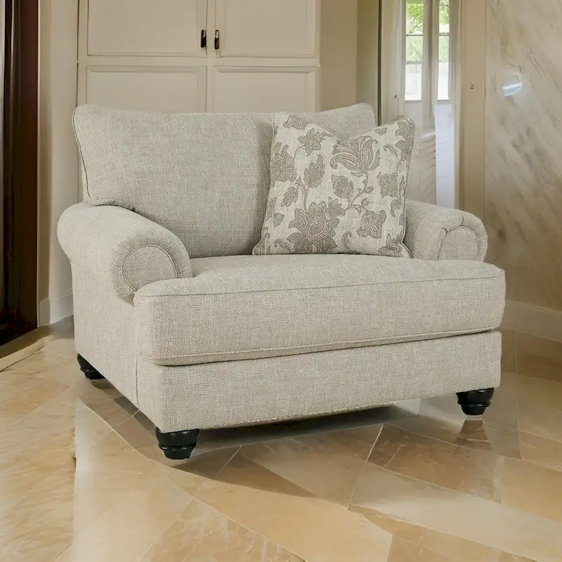 Asen 51 Inch Wide Oversized Chair, 1 Pillow, Rolled Arms, Beige Polyester