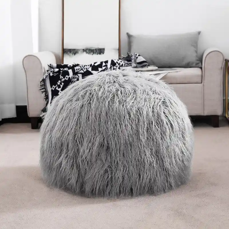 Adeco Unstuffed Ottoman Round Pouf Cushion Covers Faux Fur Foot Stool