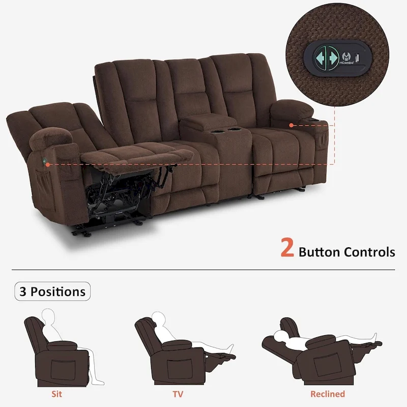 MCombo Electric Power Reclining Sofa with Massage and Lumbar Heat, Fabric 6015/6025/6035/6045
