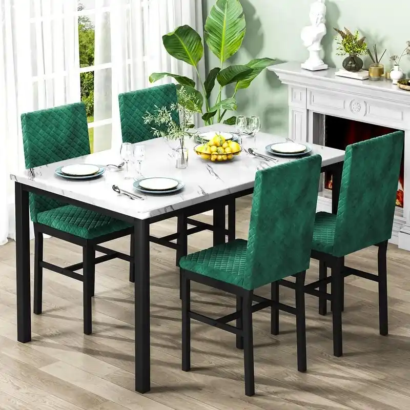 Grondin 5-Piece Dining Room Table Set with Faux Marble Table Top and Diamond Stitching Velvet Upholstery Dining Chairs