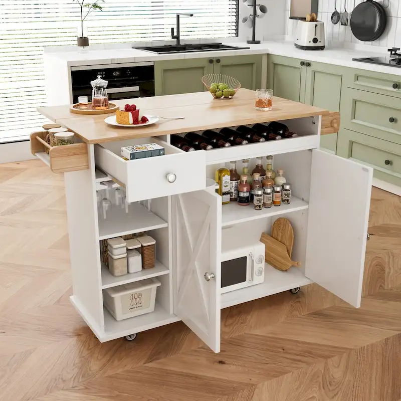 44 Inch Kitchen Island Cart with Solid Wood Top,Spice Rack,Wine Glass Holder,Rolling Table on Wheels,Tool-Free Installation