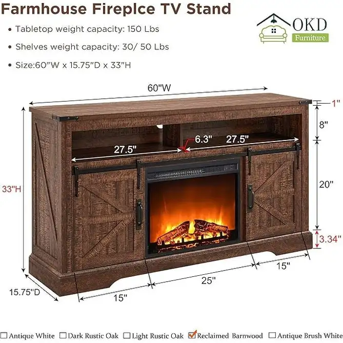 Farmhouse Fireplace TV Stand, Entertainment Center, Media Console