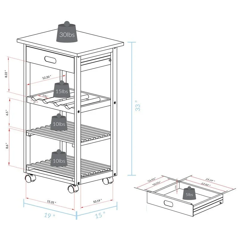 Solid Wood 4-Tier Rolling Kitchen Cart with Wine Rack and Drawer