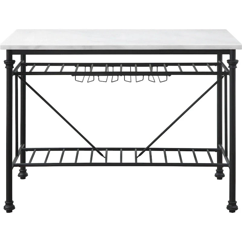 Kitchen Island with Marble Top and Slatted Shelf, Black and White