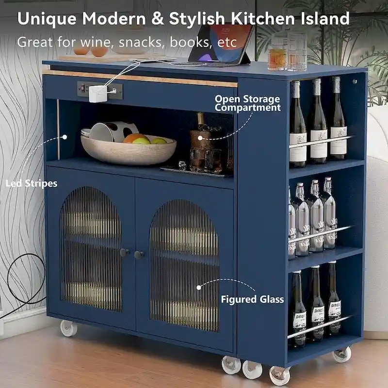 Kitchen Island Cart with Extended Table and Power Outlets