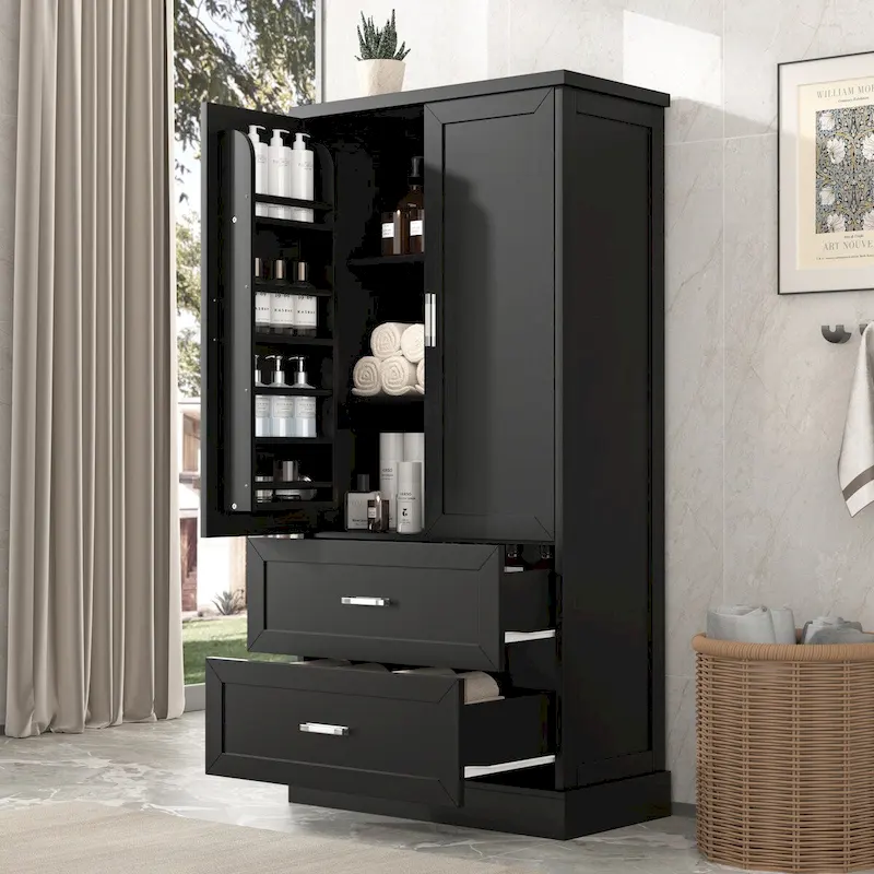 Tall Bathroom Storage Cabinet, Cabinet with Two Doors and Drawers, Adjustable Shelf, MDF Board
