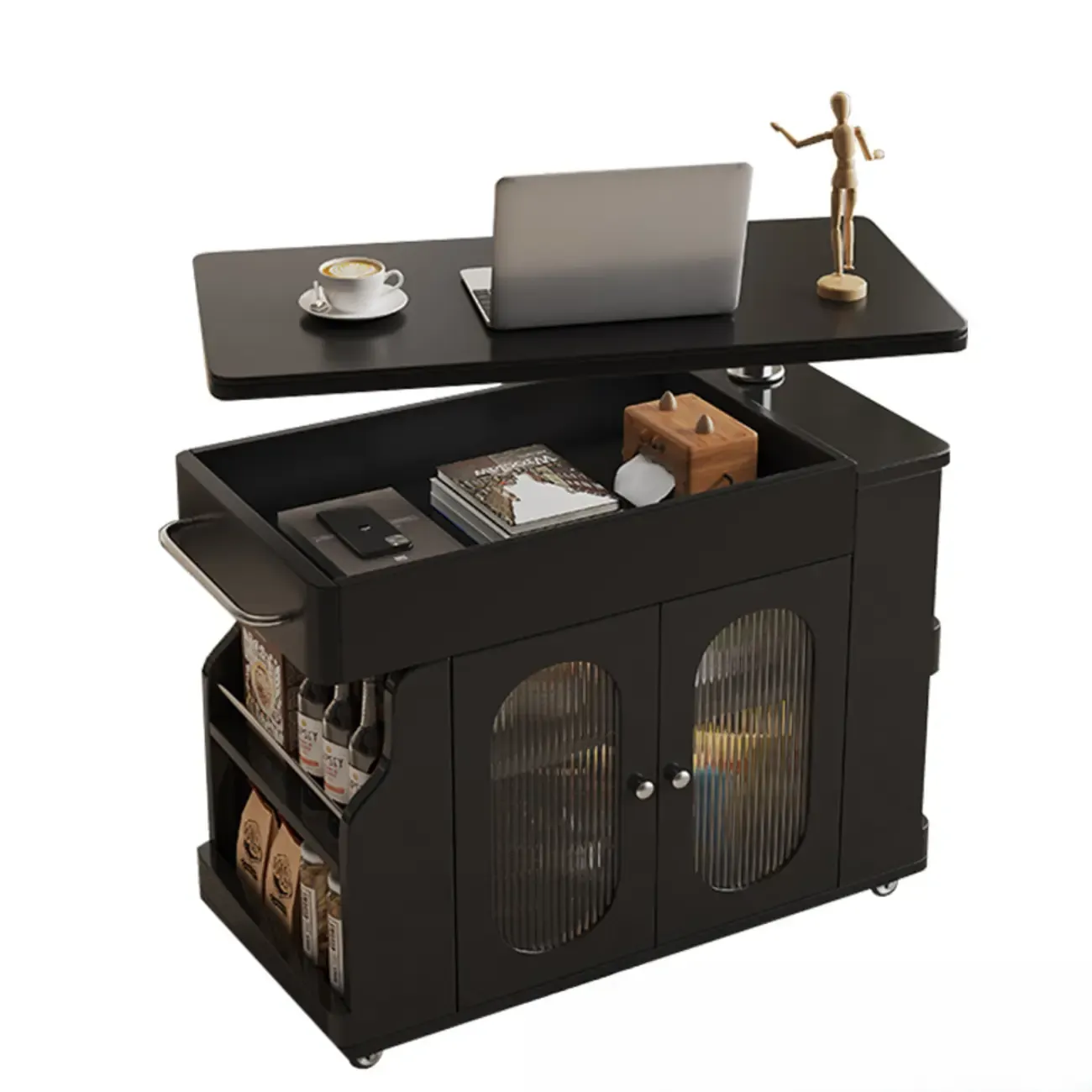 Multi-levelled Fold Away Chairside Table with Roller Wheels