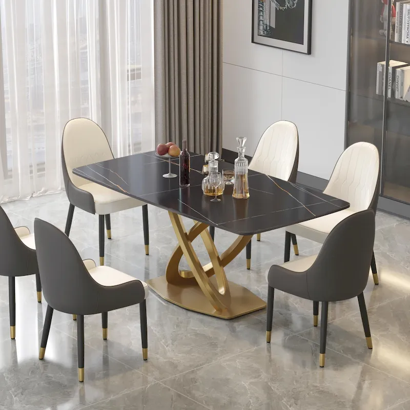 71 Modern Dining Table with Rectangular Sintered Stone Tabletop and Gold Base