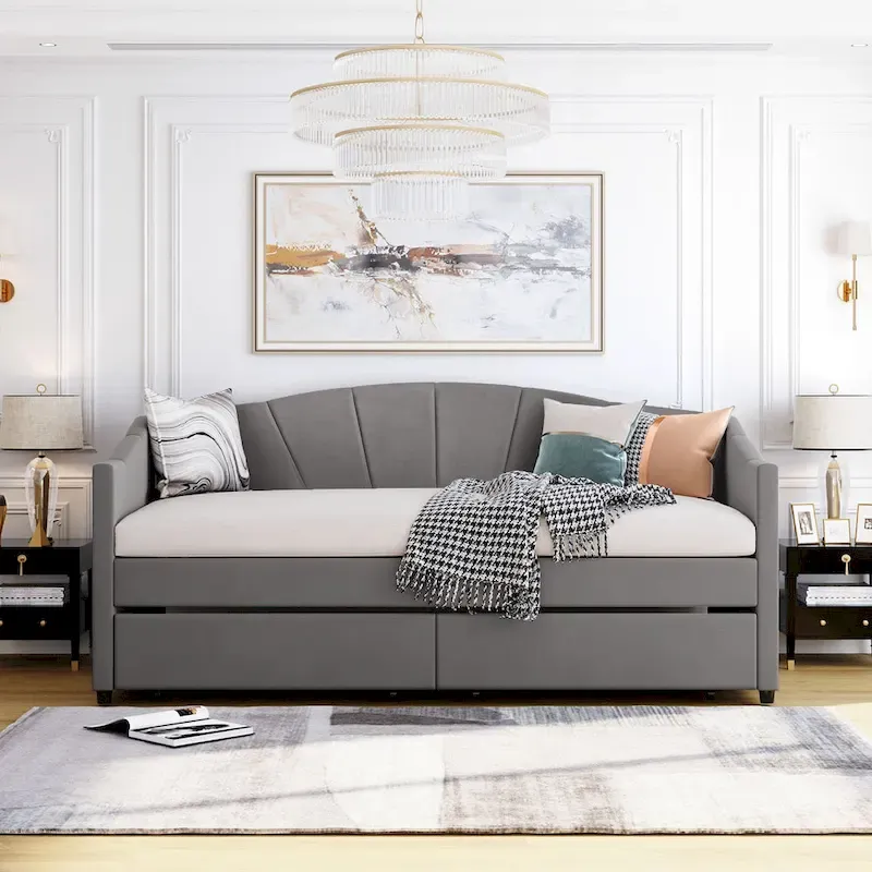 Twin Velvet Daybed with Drawers & Wood Slats