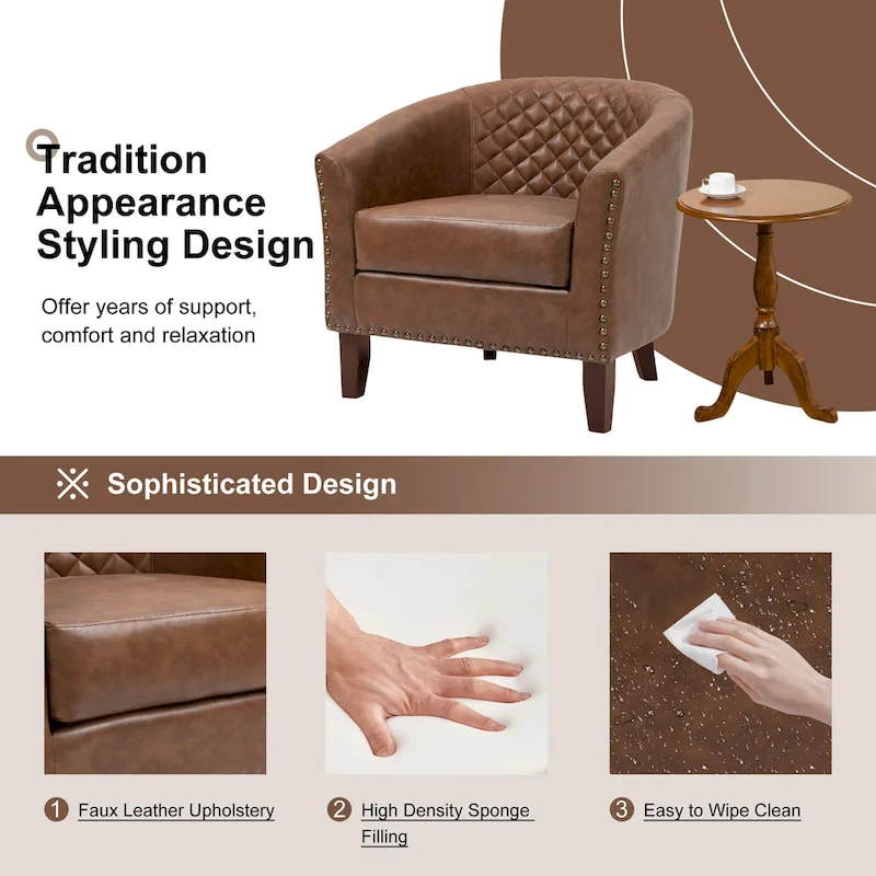 2 Set Vegan Leather Barrel Accent Chairs with Nailheads Trim