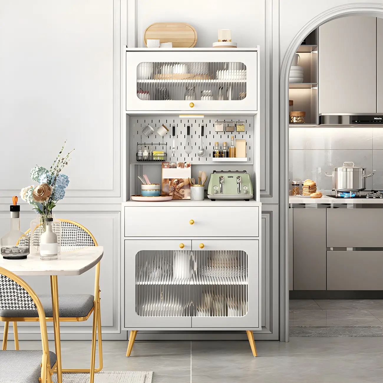 Modern Wood Cream White Hutch Cabinet with Glass Doors