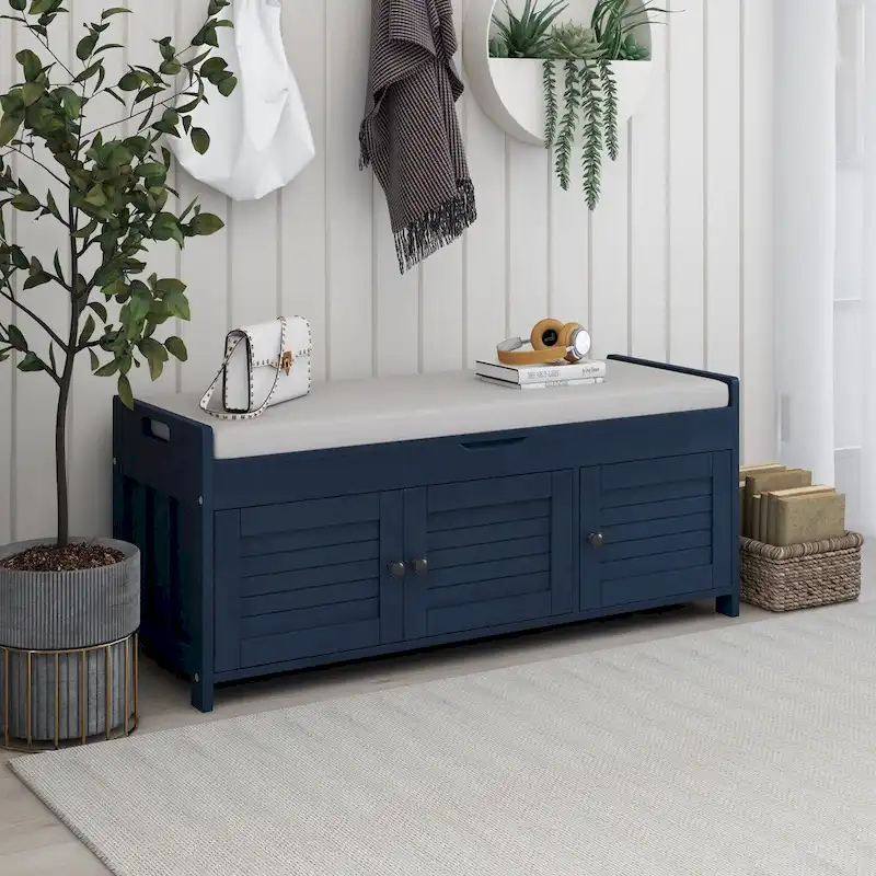 Storage Bench with 3 Doors Shoe Bench with Removable Cushion