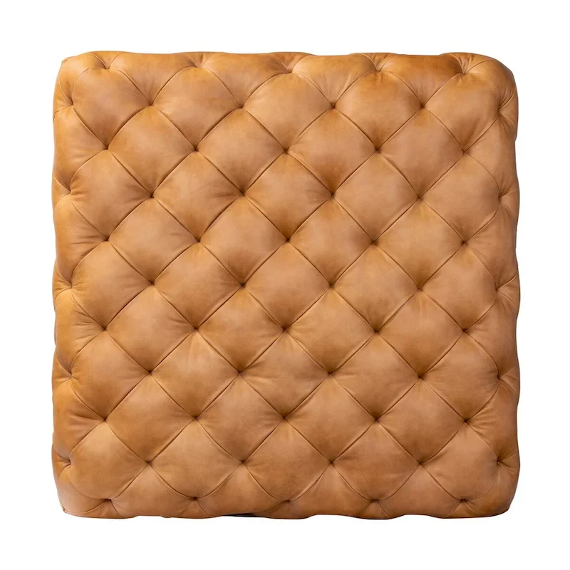 Poly & Bark Turin Ottoman in Cognac Tan with Wood Legs - Full Grain Genuine Italian Leather