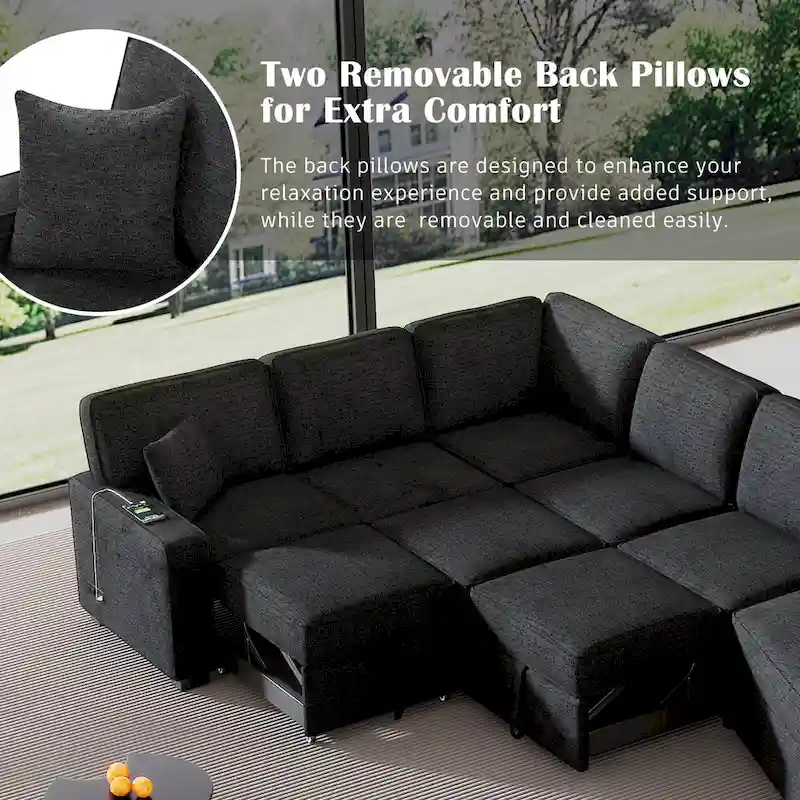 Black 126 L-Shaped 6-Seater Sofa with Pull-Out Bed and Cup Holders