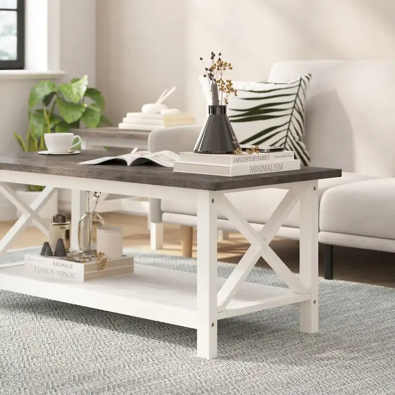 Farmhouse X-Frame Coffee Table with Shelf, Acacia Gray/Dark Gray/Walnut, Solid Wood