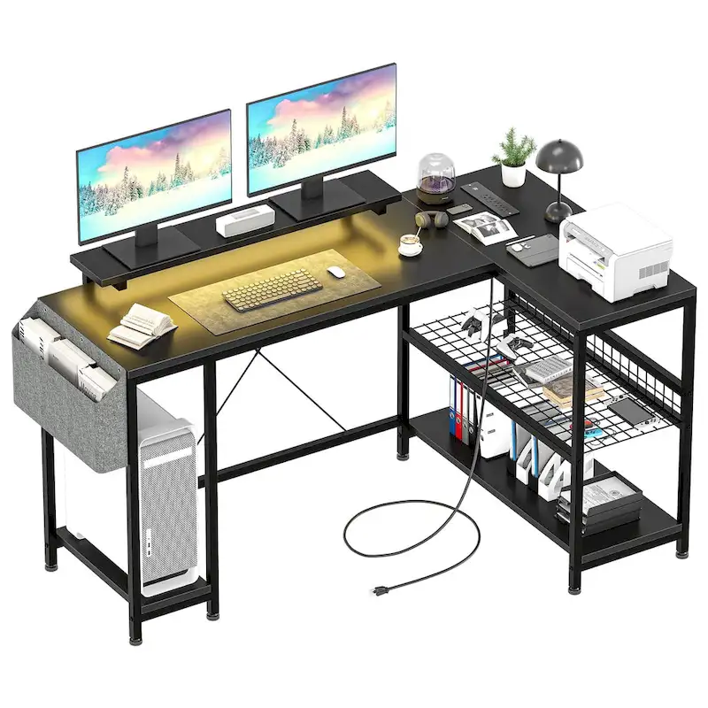 Modern L Shaped Computer Desk with Power Outlets & LED Light