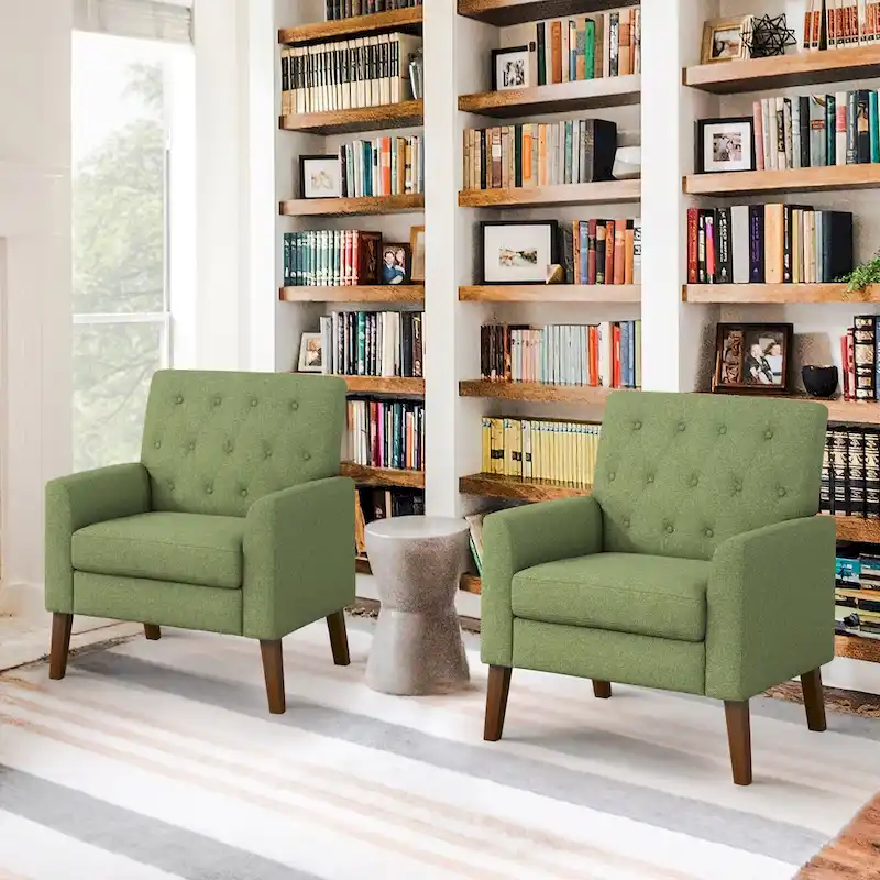 LUE BONA Modern Upholstered Accent Chair Linen Fabric Button Tufted Armchair with Solid Wood Frame - 28.5 W X 27.25 D X 33.75 H