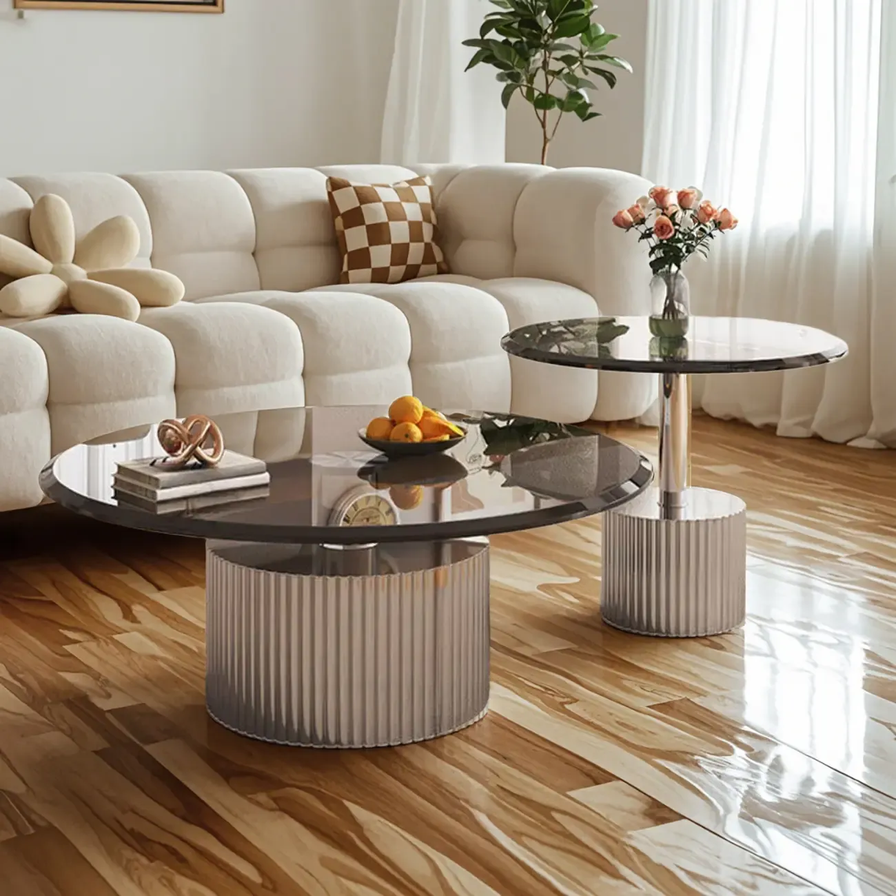 Modern Waterproof Glass Round Coffee Table with Silver Base